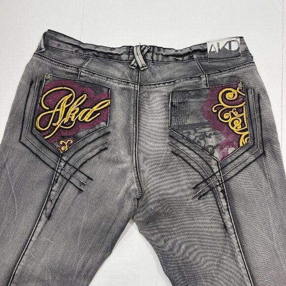 AKADEMIKS Black Wash Distressed Skinny Jeans Size 7 Low-Rise Embroidered Hip-Hop - Picture 4 of 16